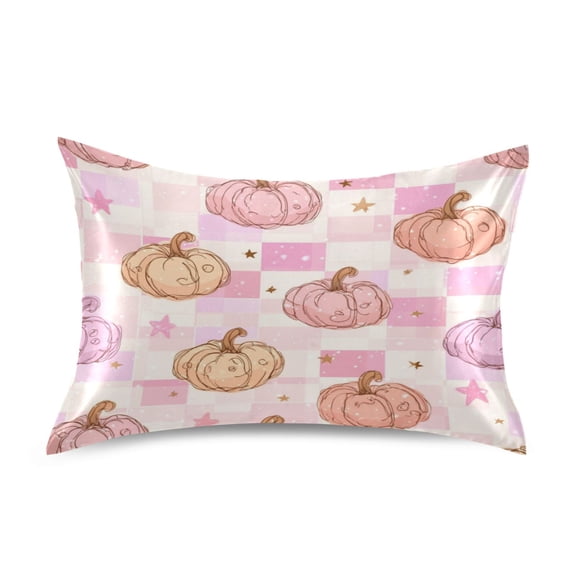 Satin Pillowcase Envelope Closure Pillow Cover Wrinkle-Resistant & Vibrant Print Pink and Peach-colored Pumpkins