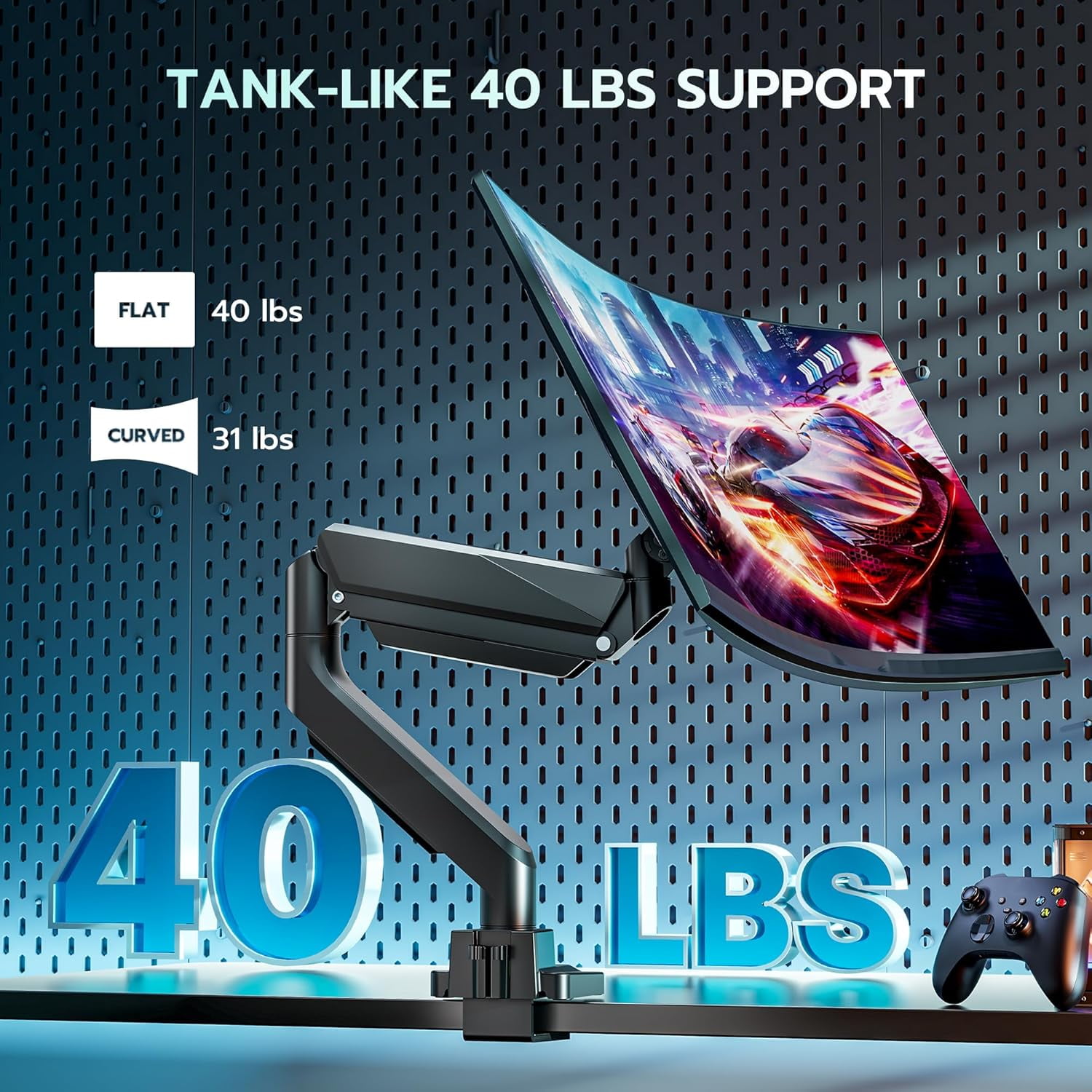 ARES WING Single Monitor Arm with USB, Heavy Duty Adjustable Monitor Arm for 13"-49" Screens, Gas Spring Monitor Arm Desk Mount with Clamp & Grommet Base Holds up to 40 lb, VESA 75x75 100x100, Black