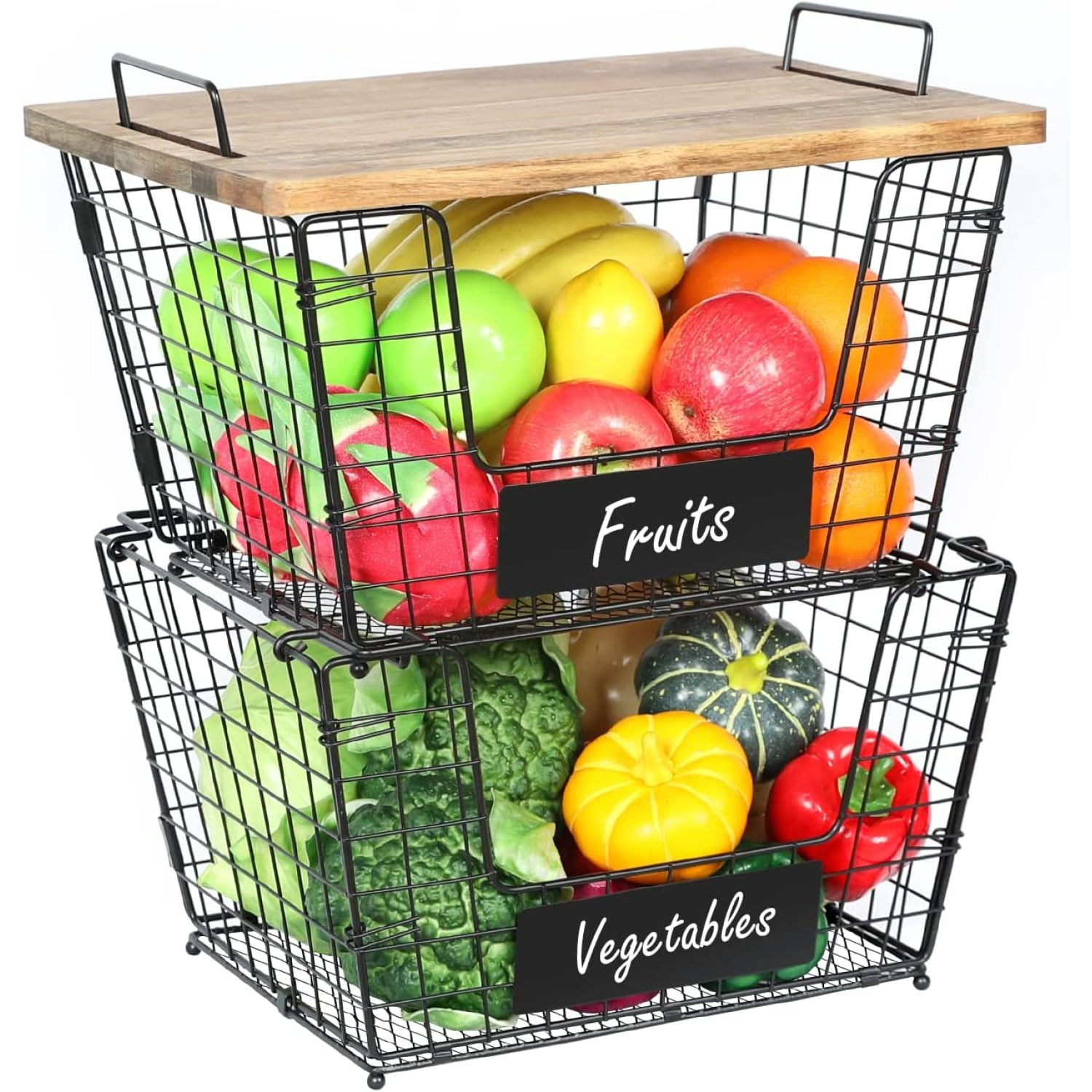 2 Stackable Wire Storage Baskets with Wood Lid and Chalkboards
