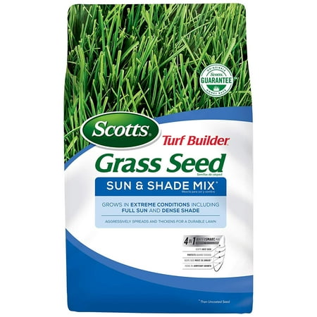 Scotts Turf Builder Grass Seed Sun and Shade Mix - 3 lbs, Grows in Full Sun and Dense Shade, Use to Seed New Lawn or Overseed Existing Lawn, Spreads and Thickens for a Durable Lawn - (The Best Grass Seed For Overseeding)