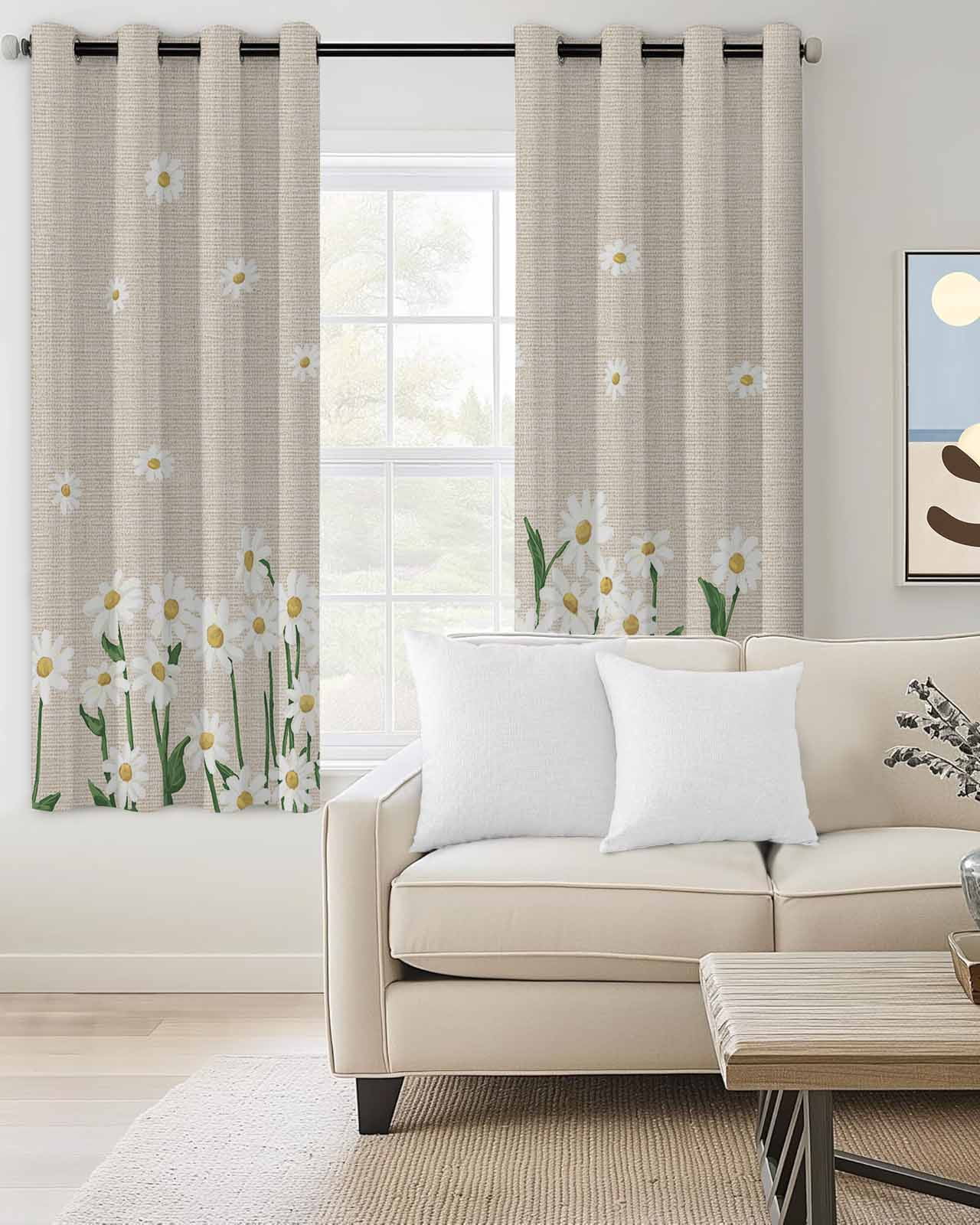 Spring Floral Blackout Curtains 54 Inches Long, White Daisy Farmhouse Linen Texture Thermal Insulated Black Out Curtains, Darkening Window Curtain Drapes for Bedroom Living Room 45"x54" 2 Panels