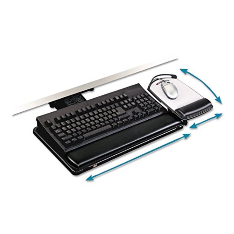 3m keyboard tray with adjustable keyboard and mouse platforms, turn