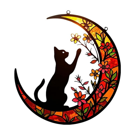 BNNG Black Cat Decor On White Moon Stained Glass Window Hanging Suncatcher for Windows Panels Sun Catcher Halloween Ornament Decoration Memorial Gift for Lover Cat, 6 inches