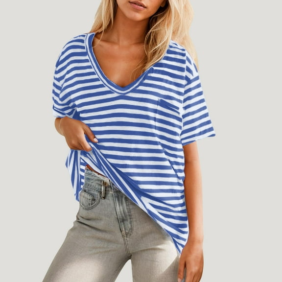Cagogo Loose Fit Tunic Tops for Womens Under $5 Summer Tops Striped Pocket Short Sleeve Shirts V Neck Cute Spring Blouses Mother's Day Gifts