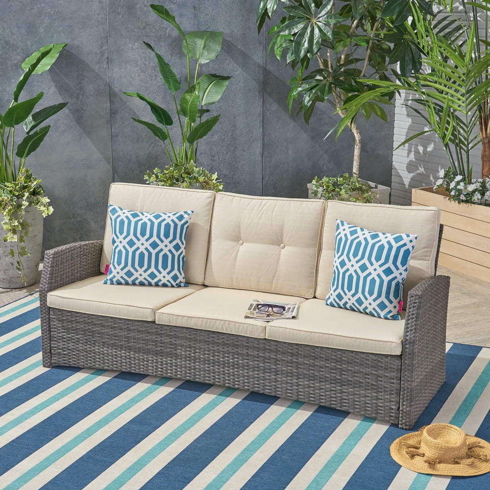 Sanger Outdoor Wicker 3 Seater Sofa with Cushion, Grey, Beige - Walmart