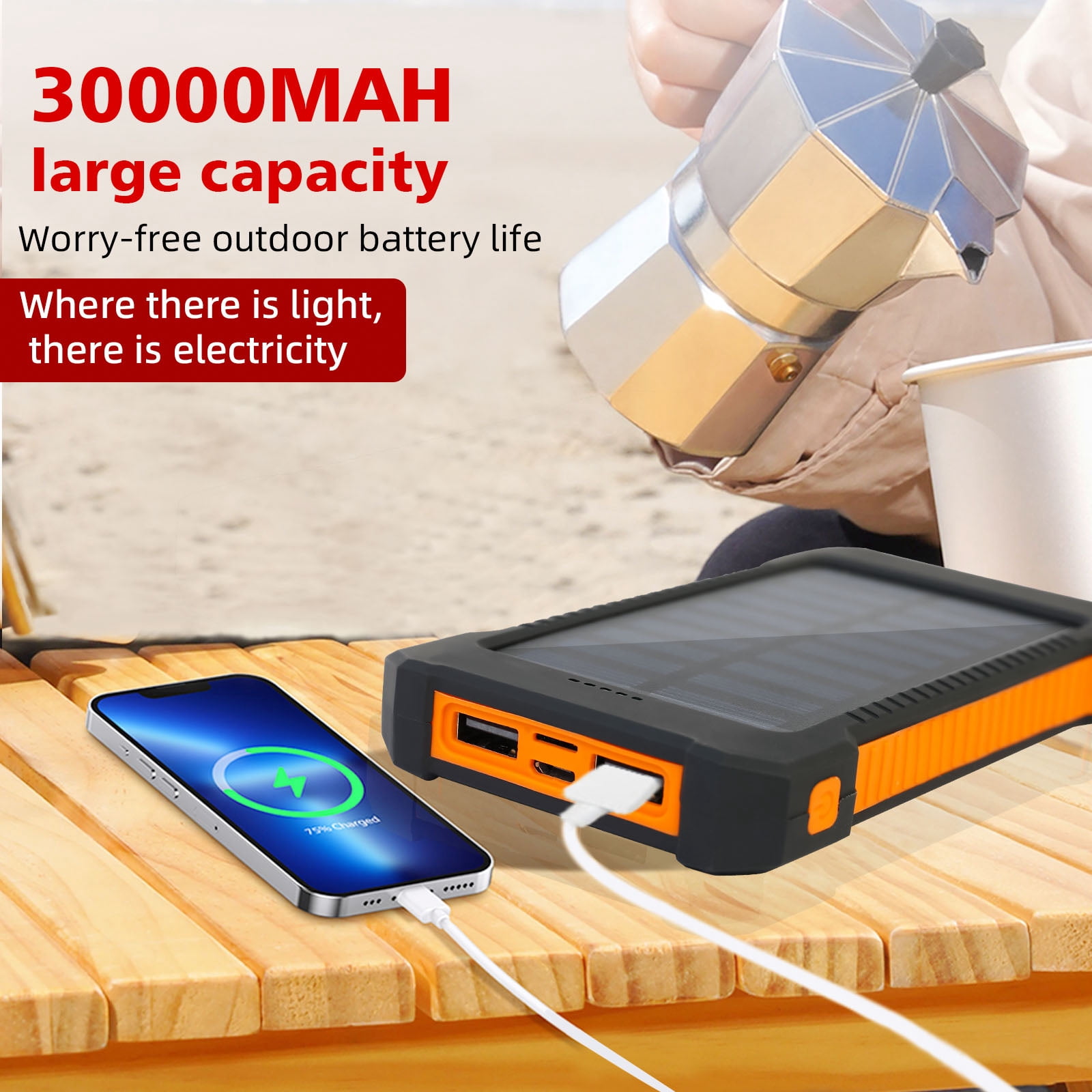 2 Pack Baokaler 30000mAh Solar Charger for Cell Phone iPhone, Portable Solar Power Bank, 2 LED Light Flashlight