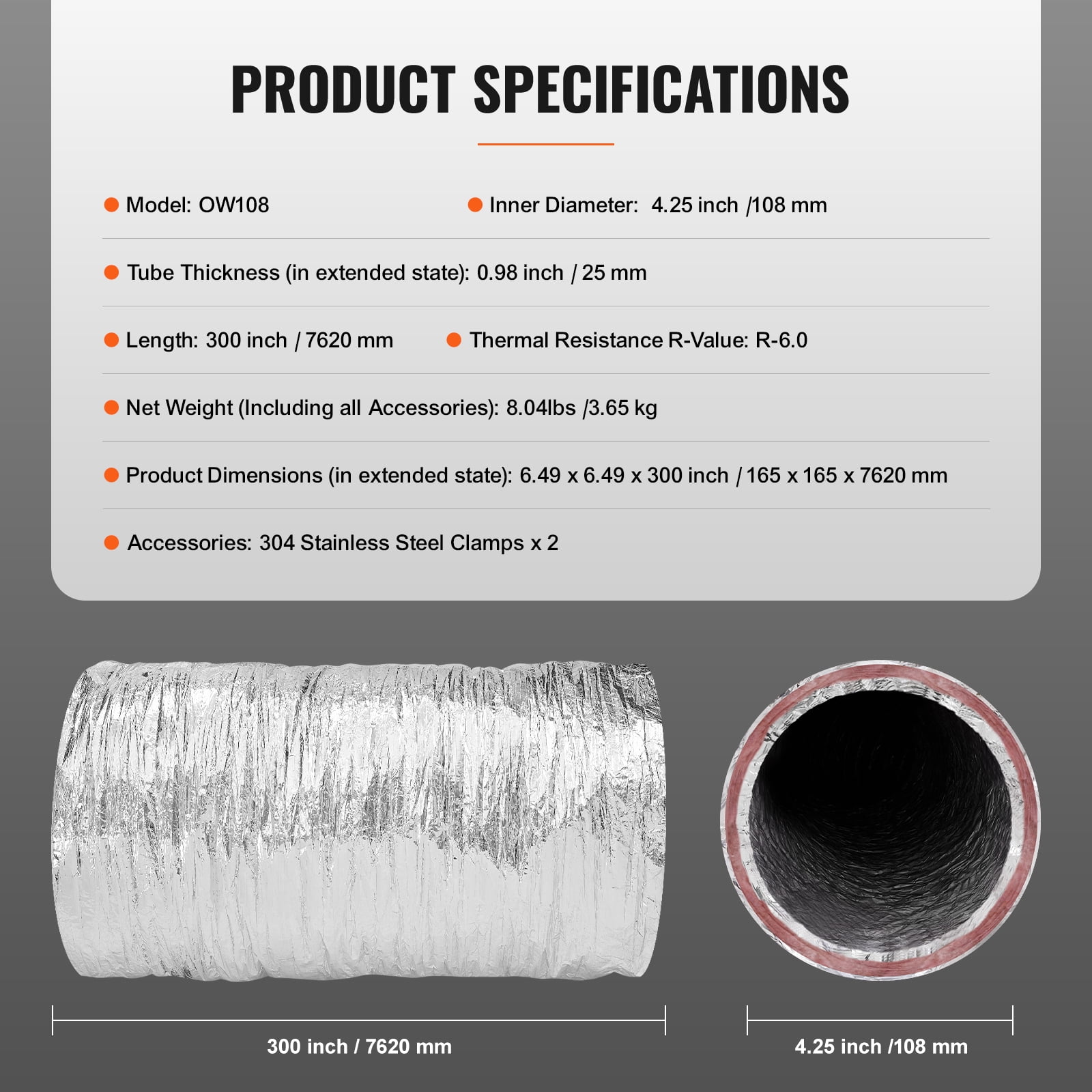 KFFKFF Insulated Flexible Dryer Vent Hose, 4'' Diameter, 25FT Length with 2 Clamps, Durable Three-Layer Design for HVAC Systems, Heating, Cooling, Ventilation, and Exhaust