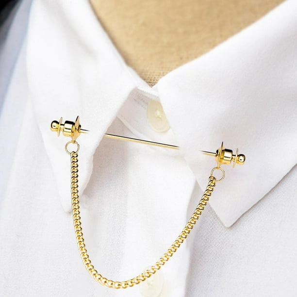 Classic Mens Shirt Collar Bar Pin with Chain Suit Decor Brooch Pin