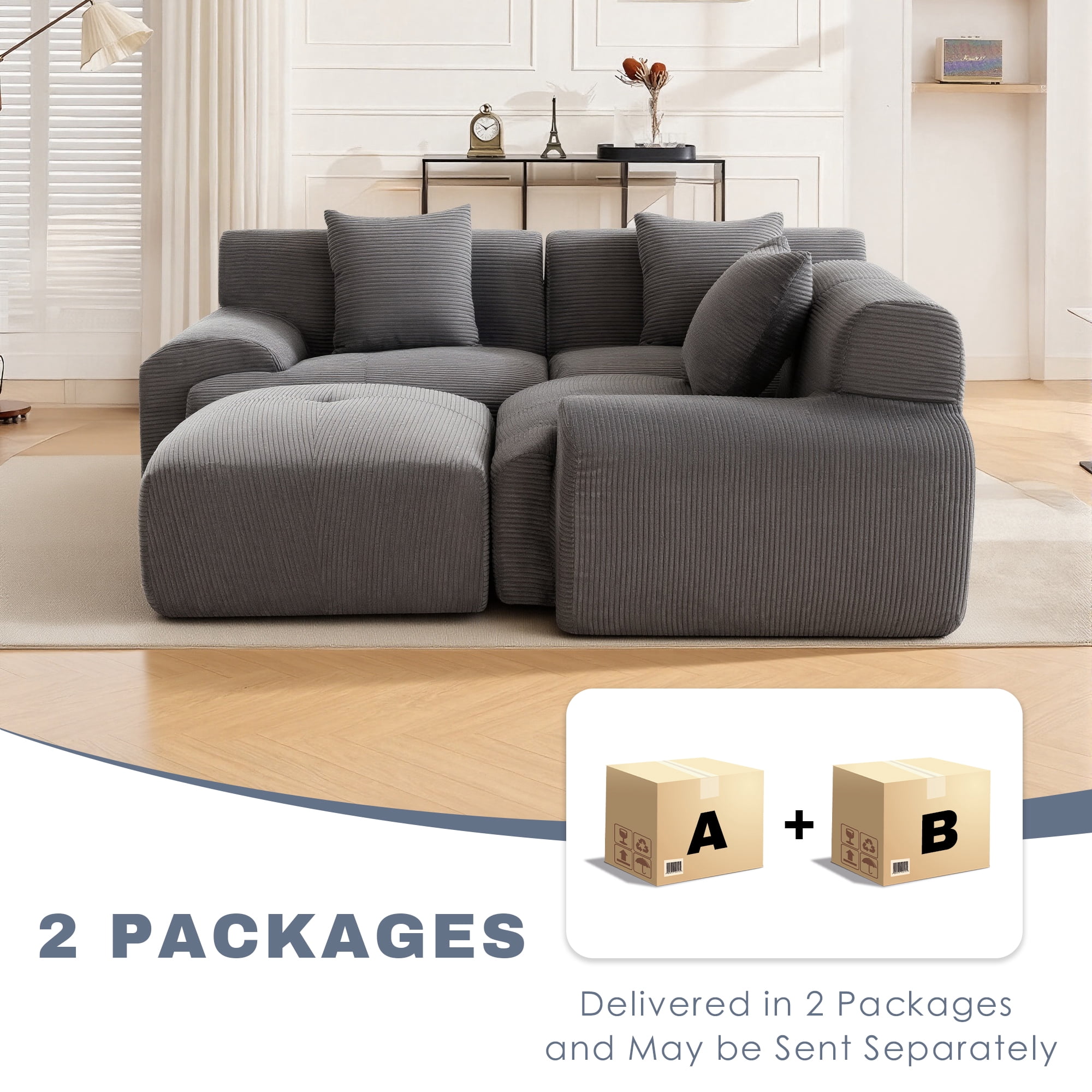GAOHAPY 120"Modern L Shaped Modular Sectional Sofa,Oversized Corduroy Couch Deep Seat, Boneless Cloud Couch with Ottoman, 30D Sponge for Indoor Living Room, No Assembly Required(Dark Grey)