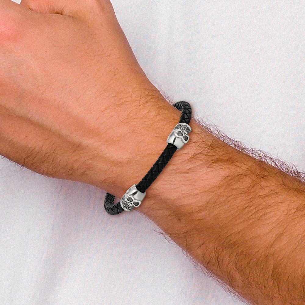 Diamond2Deal Stainless Steel Polished Skull Beads on Black Leather Bracelet for Men 8.75"