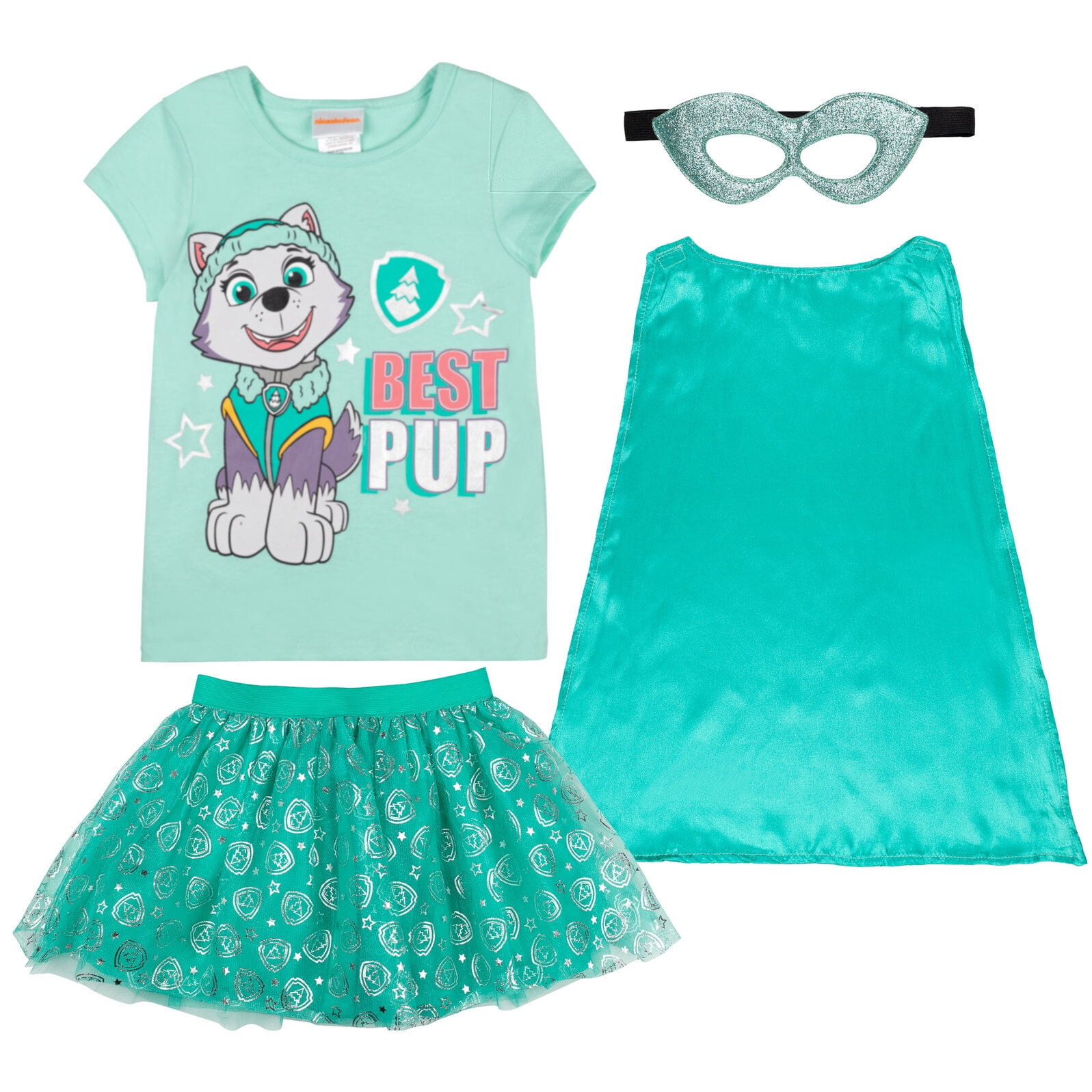 Paw Patrol Everest Big Girls Cosplay Costume T-Shirt Mesh Skirt Tulle Cape and Mask 4 Turquoise 10-12