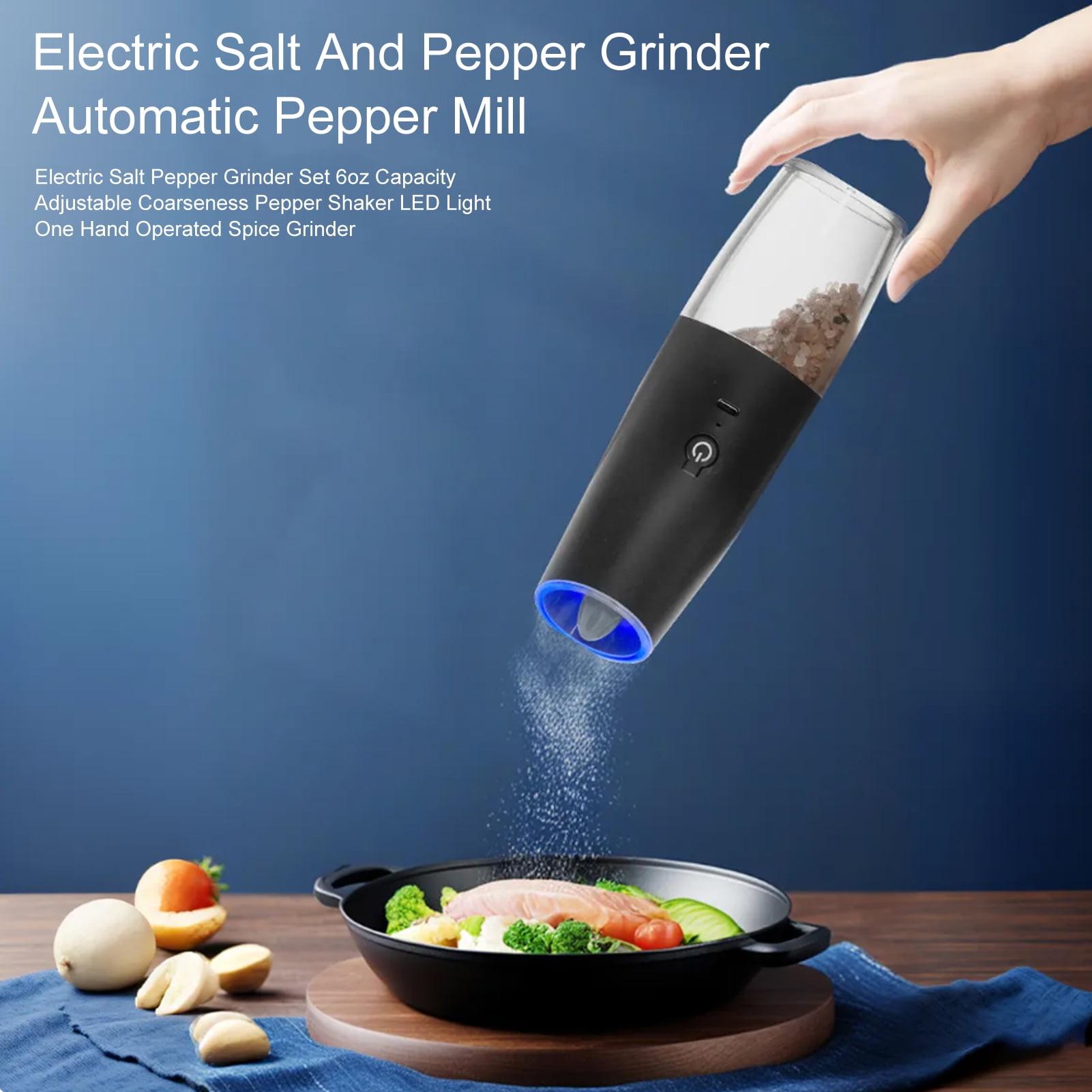Electric Salt Pepper Grinder Set 6oz Capacity Adjustable Coarseness Pepper Shaker LED Light One Hand Operated Spice Grinder,Silver