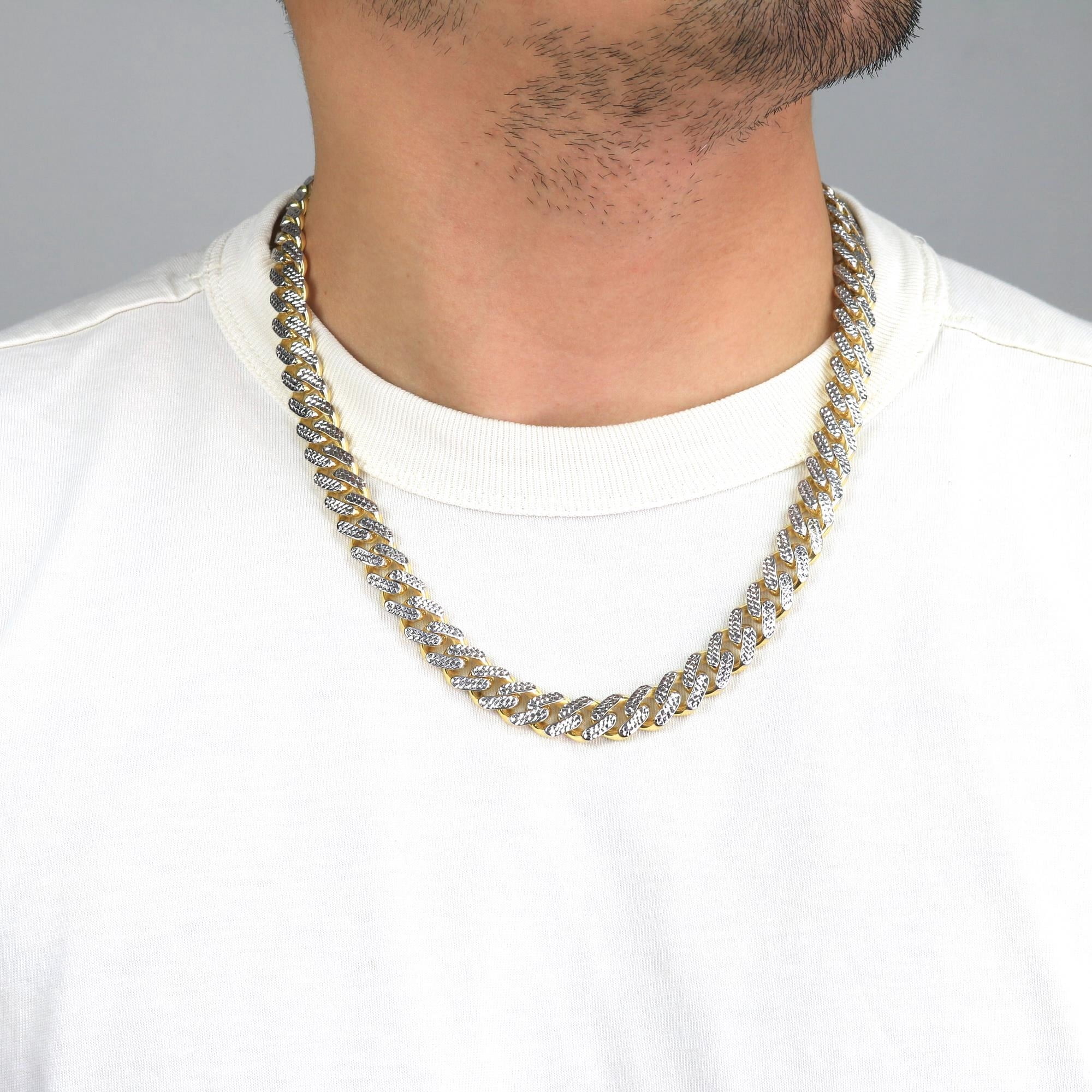 Nuragold 10k Real Yellow Gold Royal Monaco 11mm Miami Cuban Diamond Cut Pave Link Necklace (18"-30") Two Tone Italian Jewelry for Men