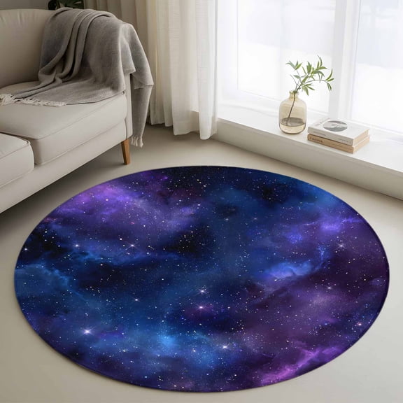 Round Area Rug 3 Ft, Blue Purple Sky Washable Non-Slip Circle Carpet for Living Room/Bedroom, Modern Black Star Night Nature Scenery Low-Profile Small Floor Mats Collection Rugs for Indoor