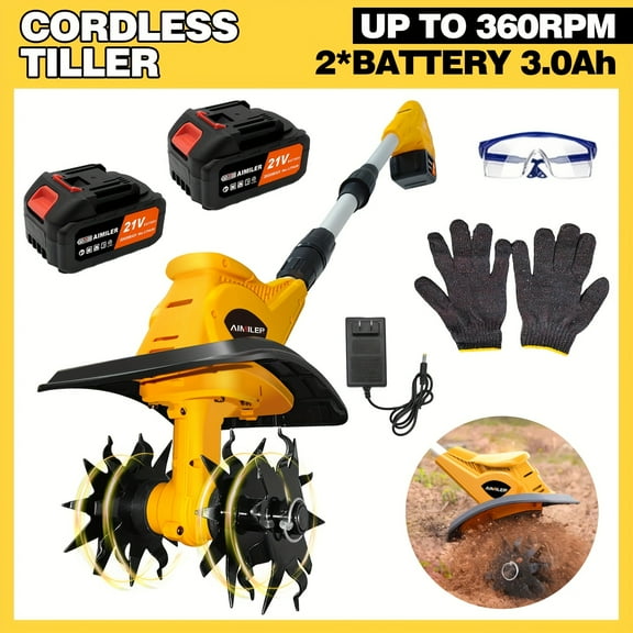 20V Cordless Tiller Cultivator, 360RPM Electric Garden Tiller, with 2 *3.0Ah Batteries& Charger, 9In Tilling Width And 6.6In Depth Garden Rototiller for Lawn/Gardening/Soil Cultivation