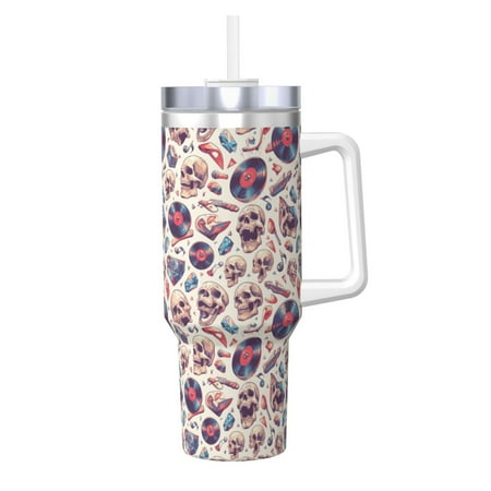 

Zeuib rock Skull record Retro Printed Insulated Stainless Steel Hot/Cold Coffee Cup 40oz Ice Bully With Handle Tumbler with Straw and Handle Insulated Water Bottle Travel Mug Cup