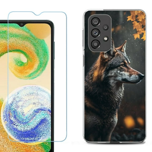 Shockproof Fashion Phone Case for Samsung Galaxy A23 5G, with Tempered Glass Screen Protector, by OneToughShield ® - Wolf Autumn