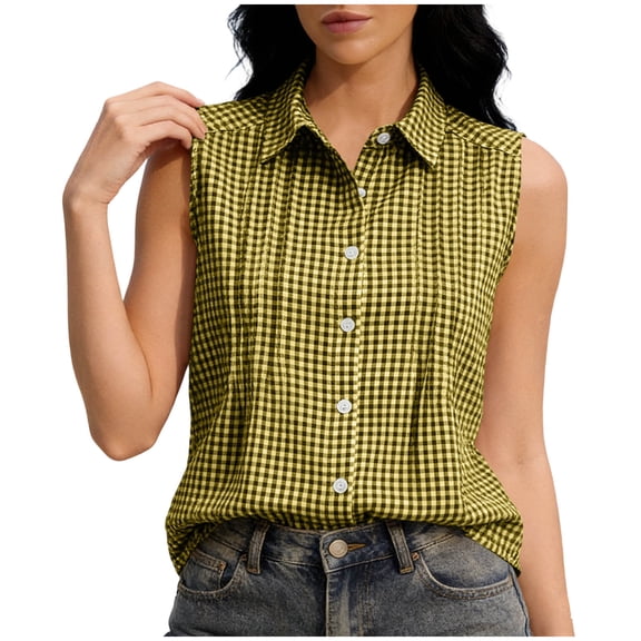 CHGBMOK Womens Button Down Shirts Sleeveless Summer Plaid Tank Top Collared V Neck Casual Dressy Blouses