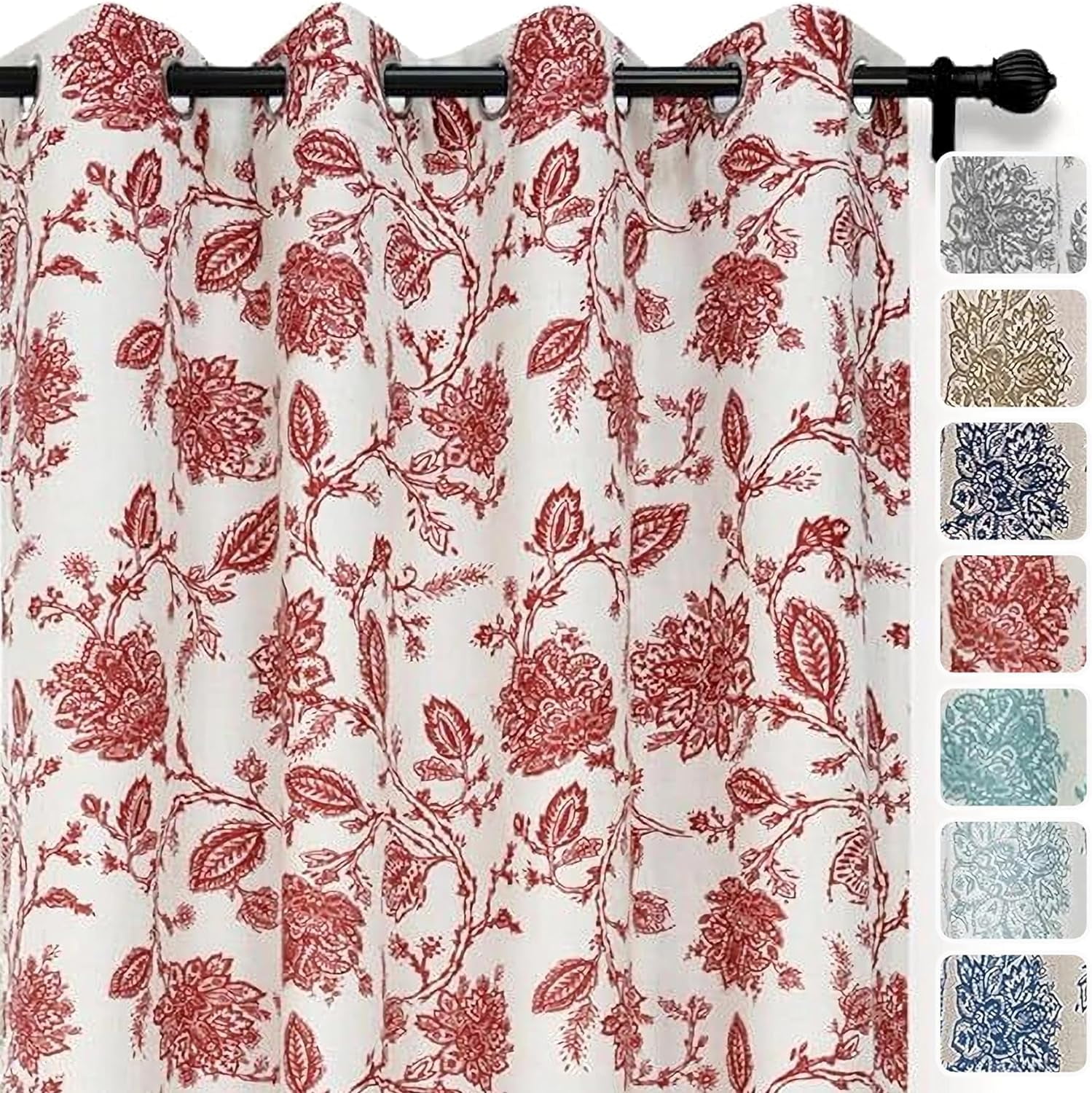 DriftAway Freda Jacobean Floral Linen Blend Lined Thermal Insulated Room Darkening Blackout Grommet Window Curtains 2 Layers 2 Panels Each 52 Inch by 84 Inch Red Beige