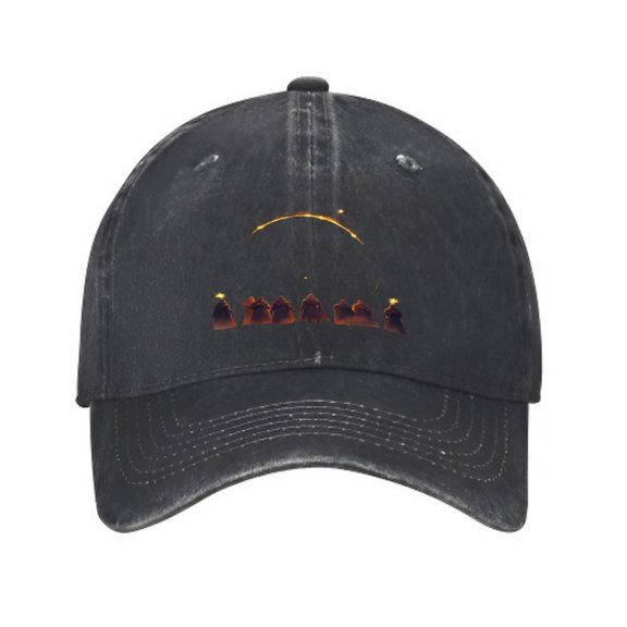 Vintage Cotton Washed Distressed Baseball Cap - Black Curved Brim with Yellow & Silhouetted Figures ' LIFE ' in Orange & Red - Golf Dad Hat for Men & Women