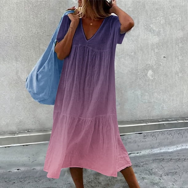 ICHUANYI Clearance Fashion Casual Looes V-Neck Short Sleeve Long Dress Printed Pleated Dresses(Purple, XXL) ICHUANYI WER2023081113821