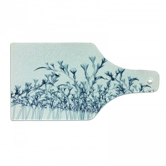 Flower Cutting Board, Various Sized Flowers in Nature Bottom to Top X-ray Image Creative Design, Decorative Tempered Glass Cutting and Serving Board, Wine Bottle Shape, Teal White, by Ambesonne