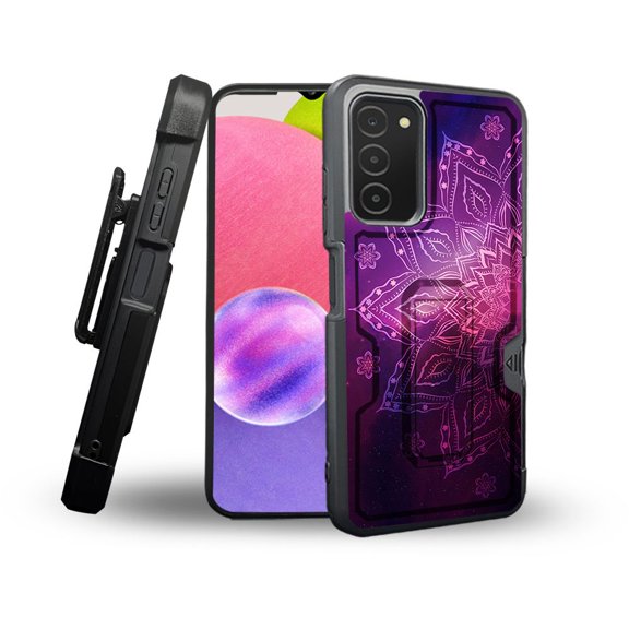 ANJ  Rugged Shockproof Holster Case Card Slot Kickstand   Tempered Glass Cover for Samsung Galaxy A03s - Purple Mandala