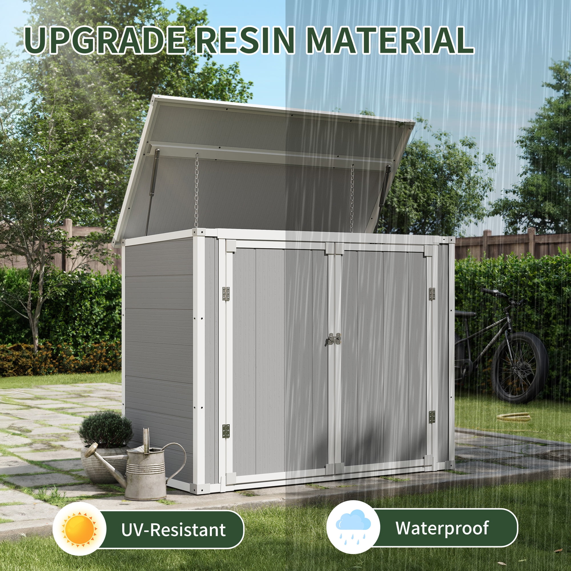 UDPATIO Outdoor Horizontal Storage Shed, 41 cu.ft Weatherproof Resin Storage Shed with Floor, for Trash Can Storage, Tools, Lawn Mower, for Patio, Grey