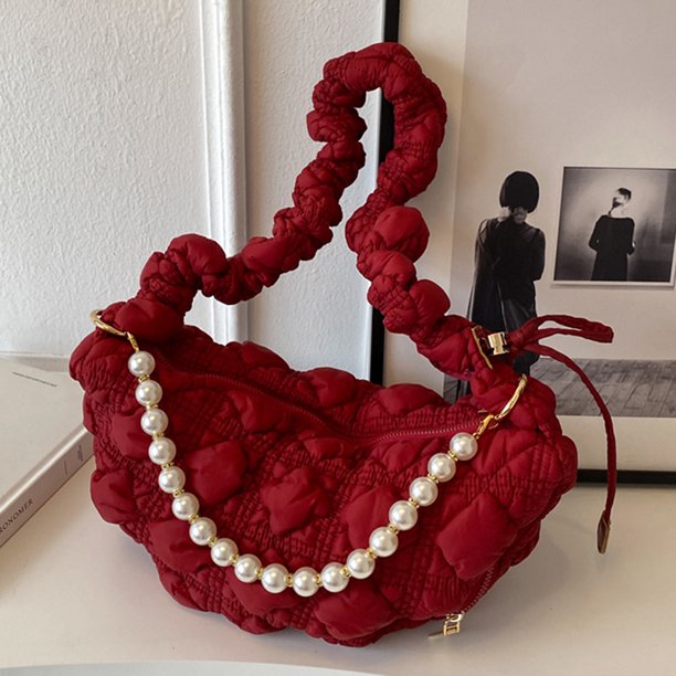 Bolso de hombro para mujer, cadena de perlas plisada con hilo bordado acolchado (rojo)