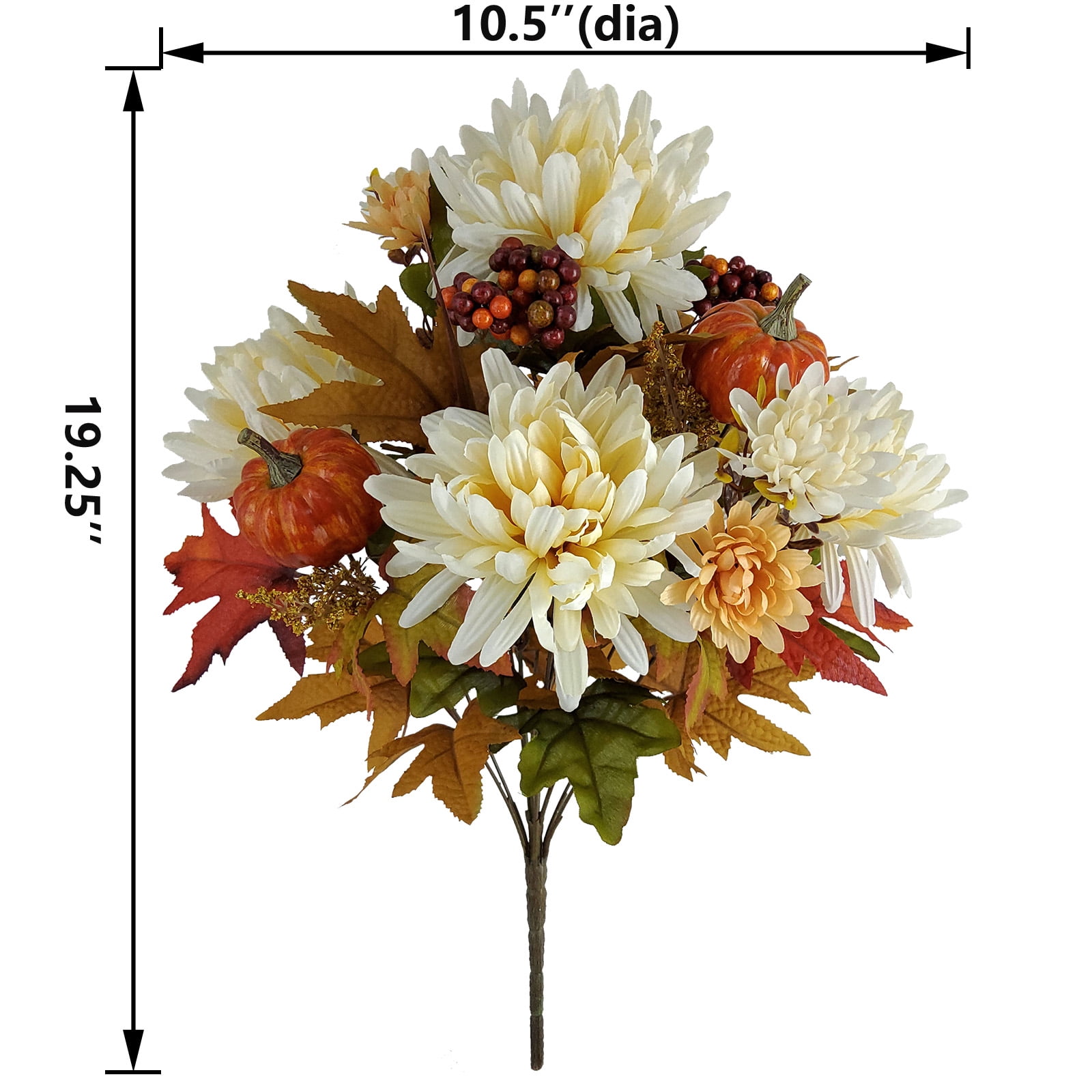 Mainstays 19.25in Indoor Artificial Cream Mum Bouquet, with Pumpkin and Leaves Accent.