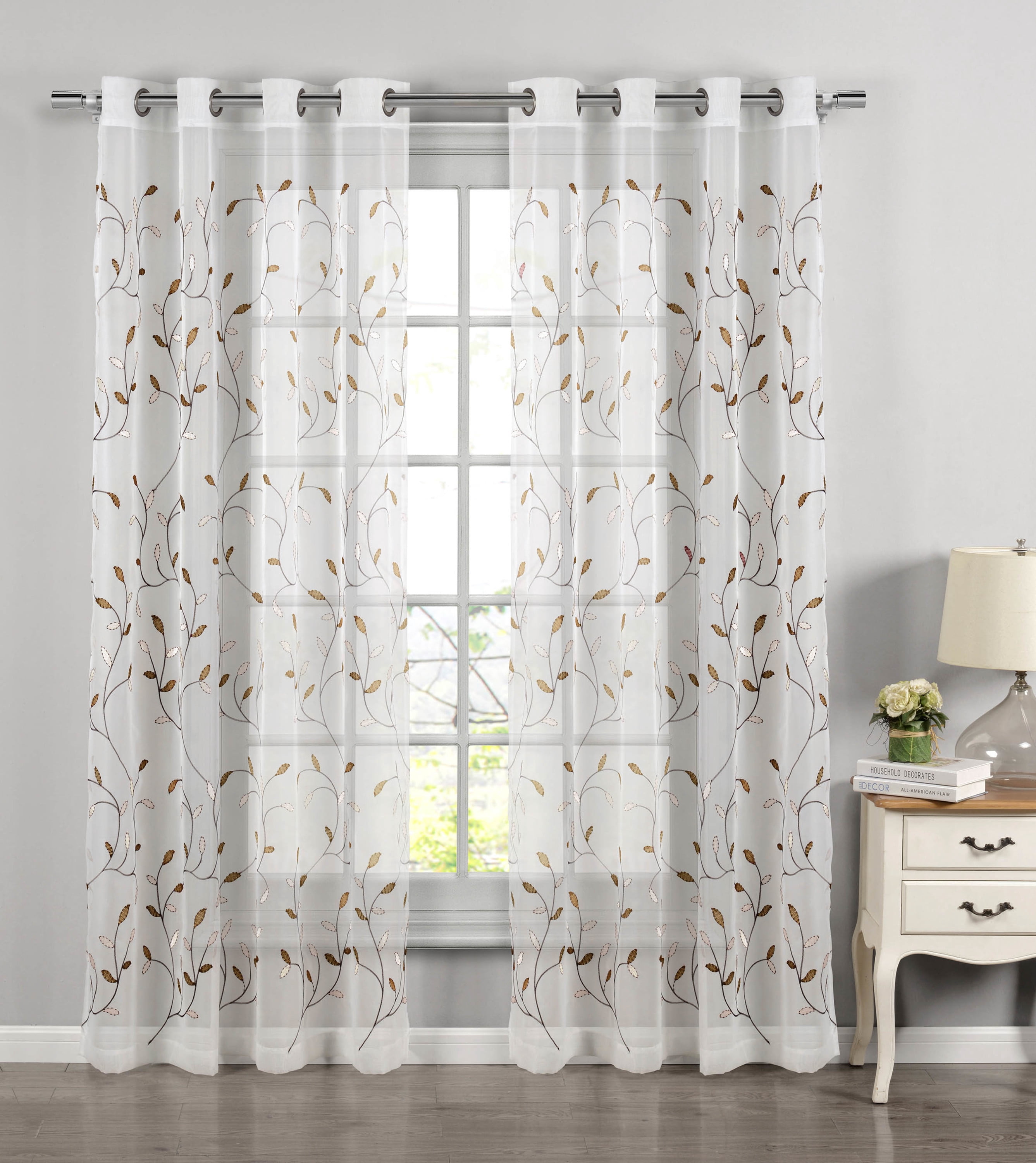 Grommet Curtain Panel, Embroidered Sheer Extra-Wide, Beige 54" x 63"