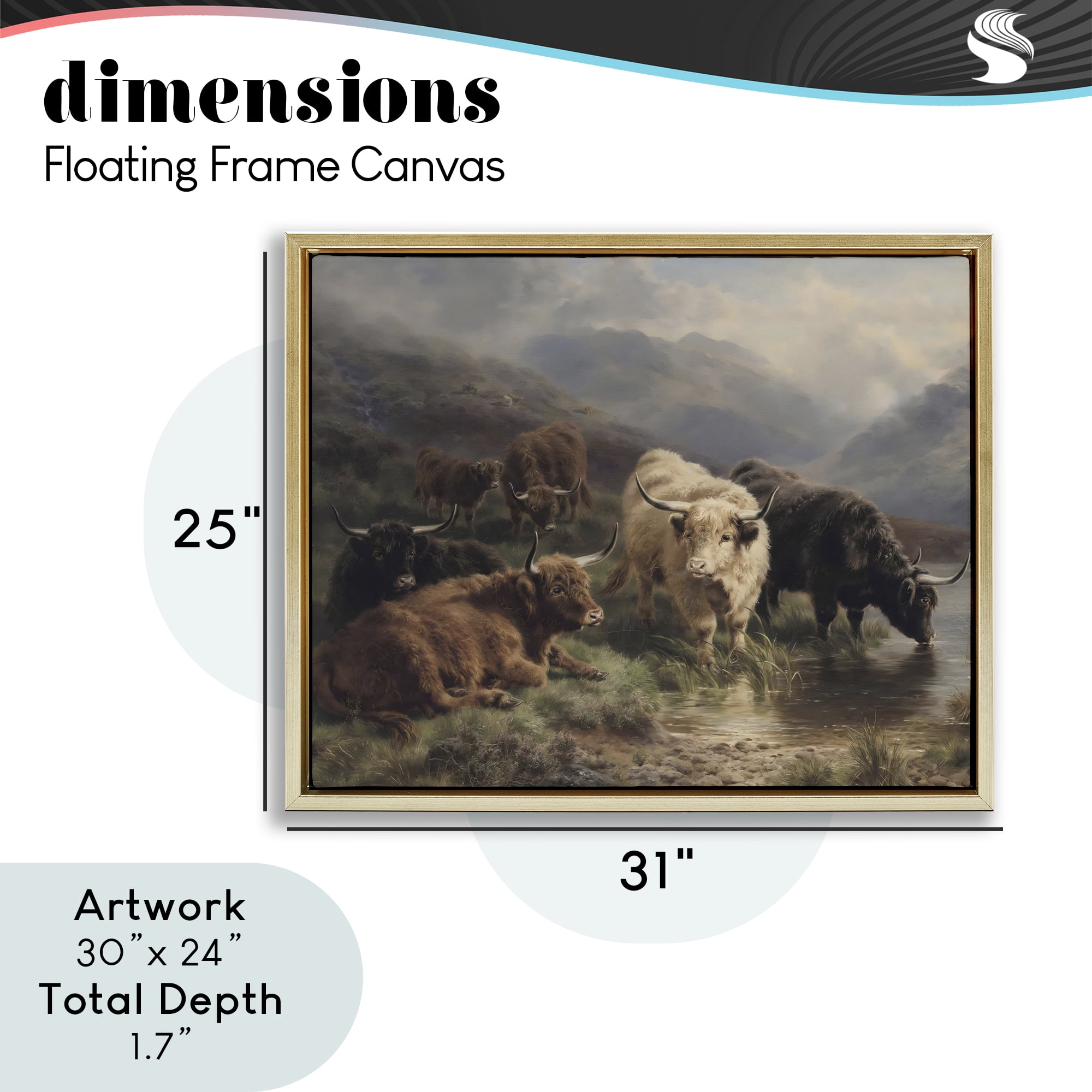 Stupell Industries Highland Cows Beside Misty Loch Gold Framed Floater Canvas Wall Art, design by Arlington Prints