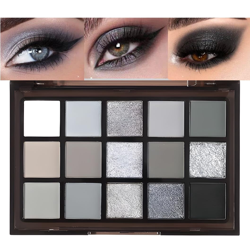 Compact Smokey Grey Nude Eyeshadow Palette, Highly Pigmented, 12