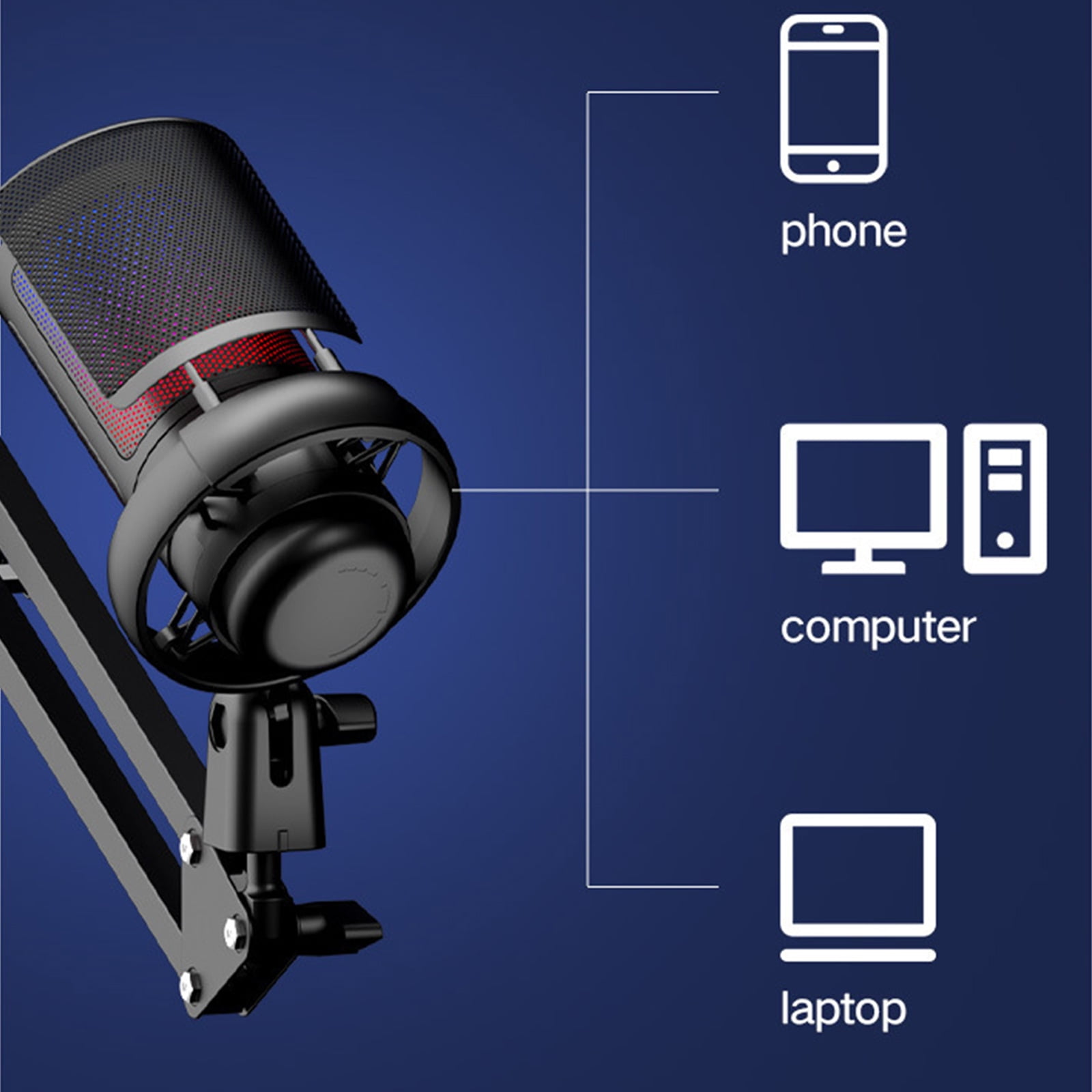 Professional Gaming Microphone Desktop USB Clip Mount Mic with Detachable Metal Shock Mount & LED Light Effects