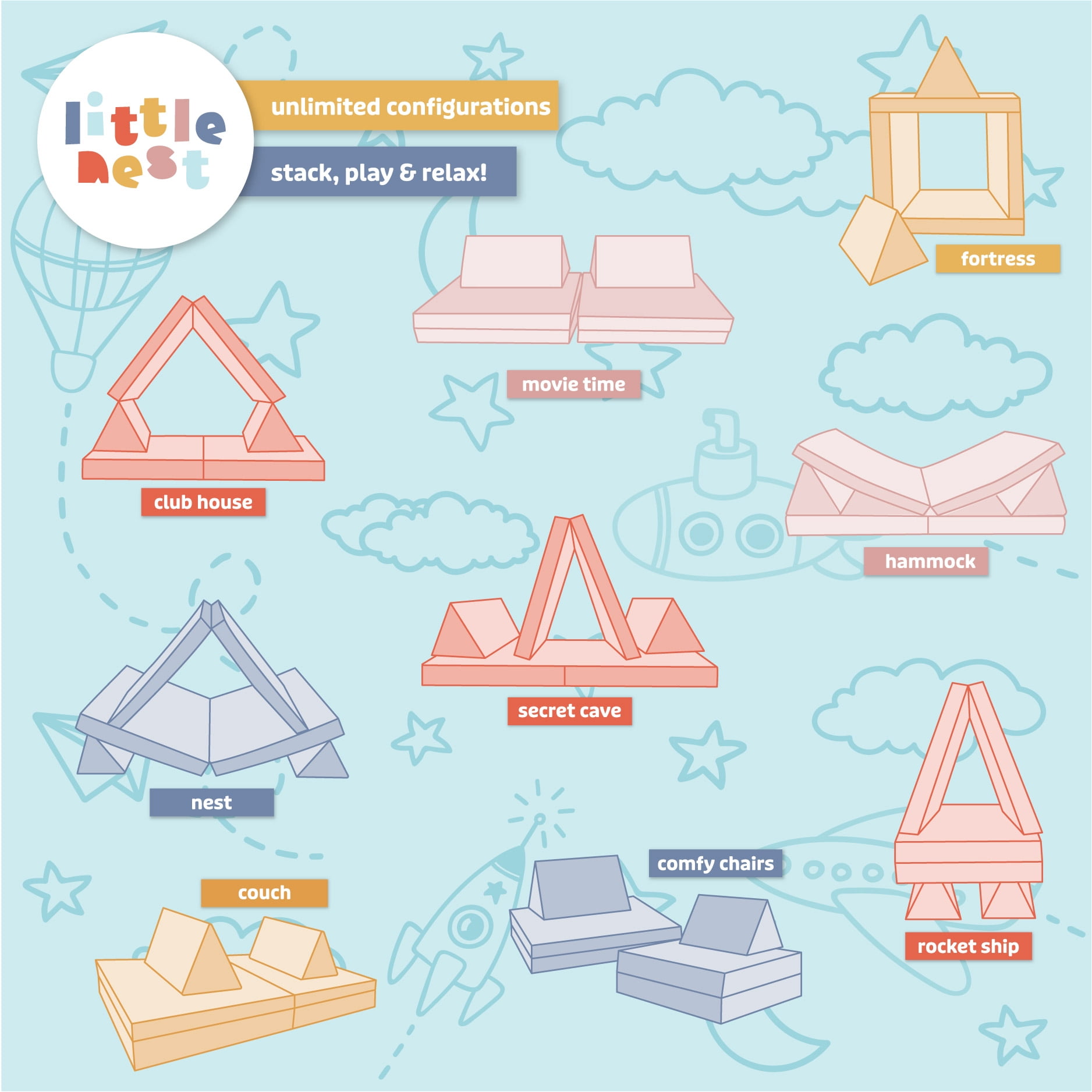 Little Nest Toddler Sofa, Adventure Explorer Kids Couch, Blush Pink