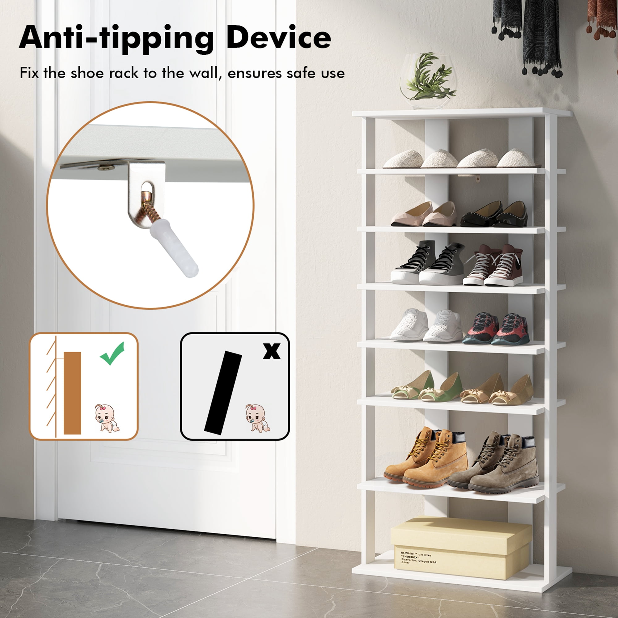 Costway Patented 7-Tier Double Rows Shoe Rack Vertical Wooden Shoe Storage Organizer Rustic White