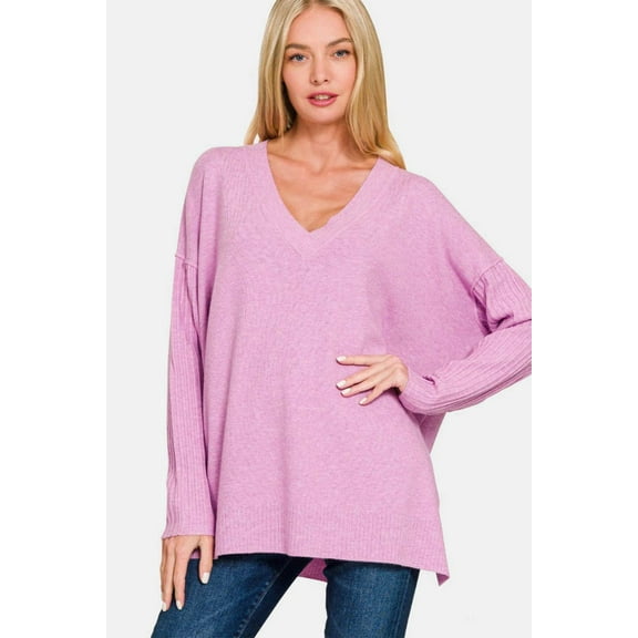 Zenana V-Neck Side Slit High-Low Sweater - Rosa Apparel