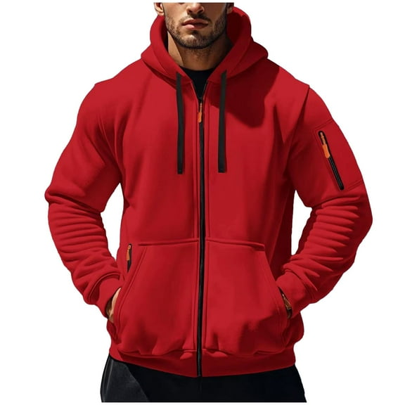 ZCFZJW Mens Zip Up Hooded Sweatshirt Lightweight Fall Fashion Jackets Long Sleeve Casual Full-Zip Hoodie Tops with Kangaroo Pockets Red M