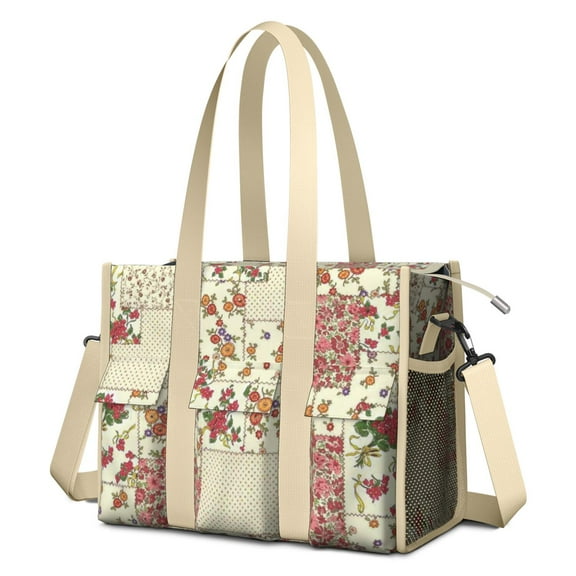Teacher Tote Bag,Pioneer Flower Floral Print Pattern Teacher Utility Tote Bag,Large Work Tote Bags for Women with Multiple Pockets,Top Zipper Closure,13.8x10.6x6.7 Inch