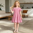 thumbnail image 2 of Girls Short Sleeve Gingham Plaid A-Line Dress Lace Trim Peter Pan Collar Flared Summer Sundress Kids Daily Outdoor Casual Princess Dress(Red,13-15 Years), 2 of 5