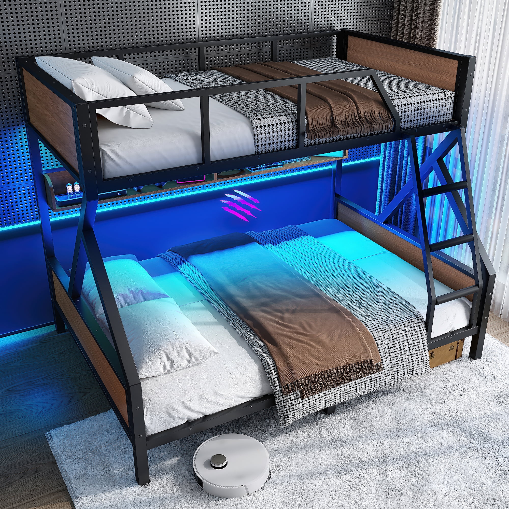 Mintazer Full Over Queen Metal Bunk Bed with Storage Shelves & LED Light Strip, Bunk Bed Frame with Ladder & Guardrails, Black