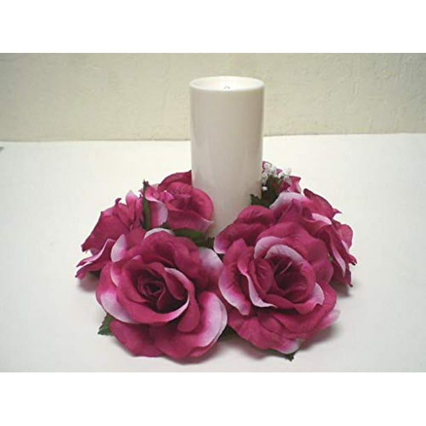 2 Candle Rings Rose Center Pieces Artificial Silk Flower 4005 Fuchsia