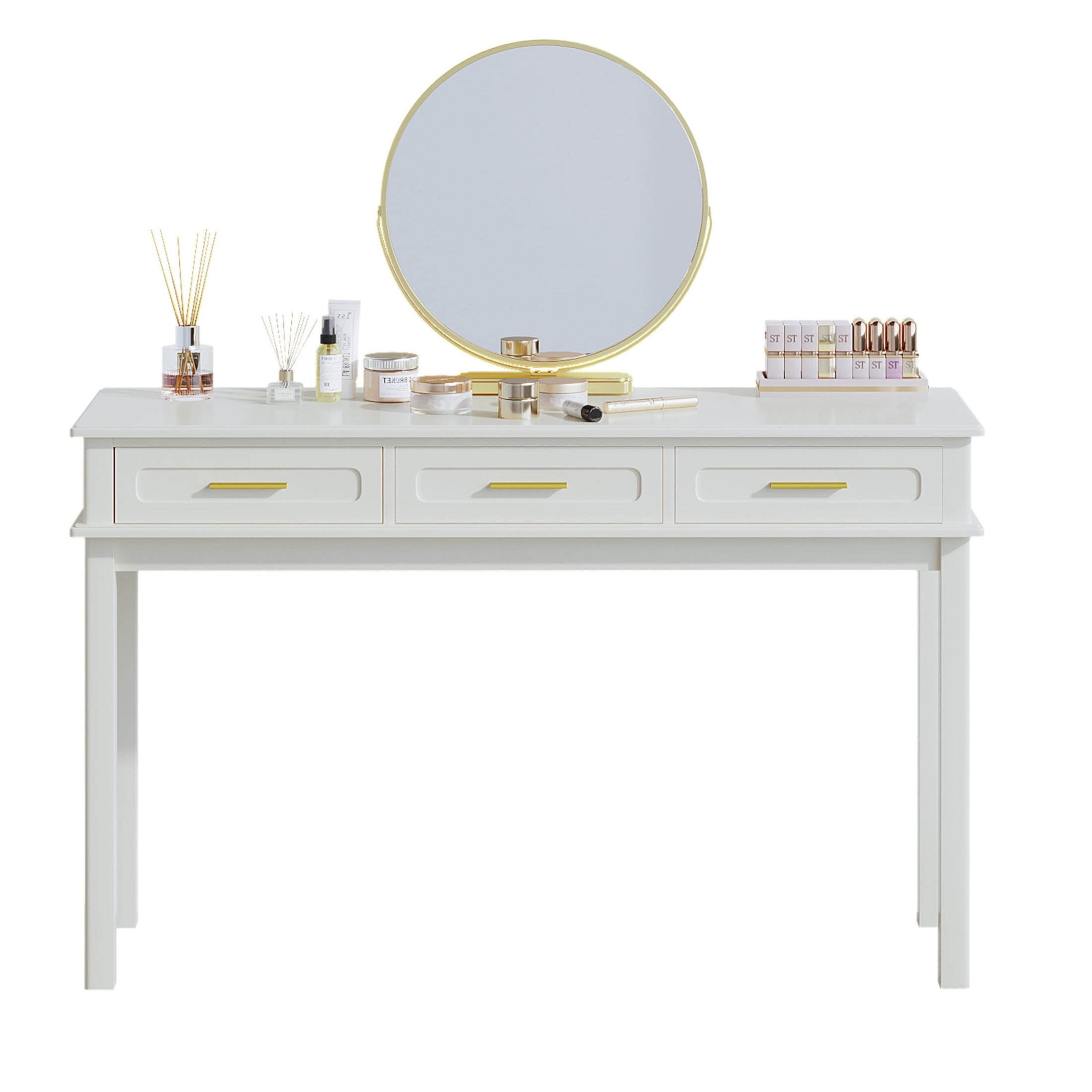 Noble House 47" Multipurpose Vanity Desk, Modern Makeup Table with 3 Drawers and High-Gloss Finish, White