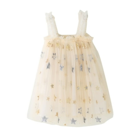 

HTGFGMGW Girls Summer Dress Toddler Baby Kids Girls Star Sequin Summer Sleeveless Beach Tutu Dress Casual Layered Tulle Dresses Princess Birthday Party Beach Dresses 1-6Y Baby Girl Gifts Beige