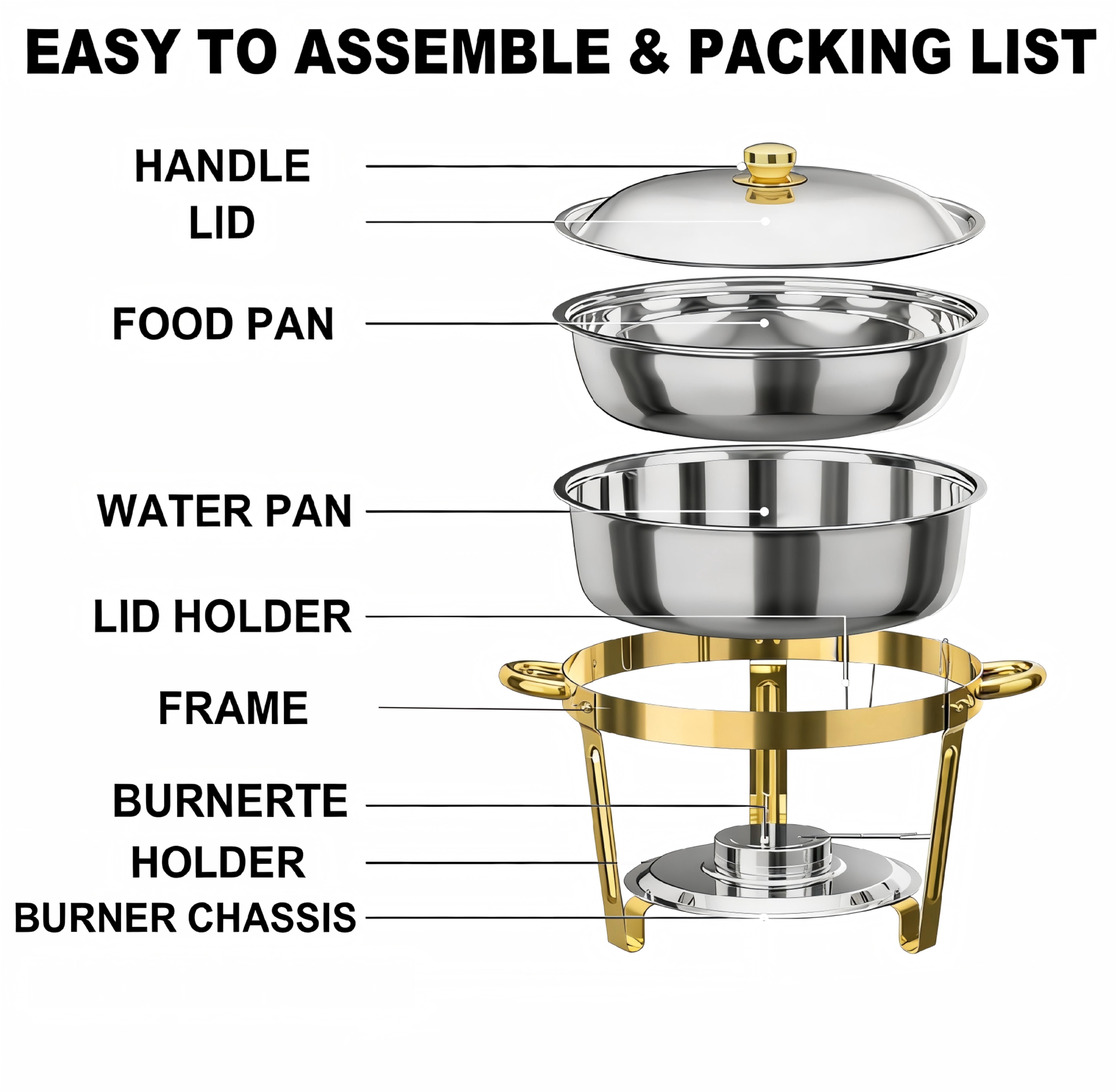 Round Buffet Catering Dish Set of 4 with Stainless Steel Construction, 5-Quart Chafing Dish for Parties and Events, Rose Gold and Silver
