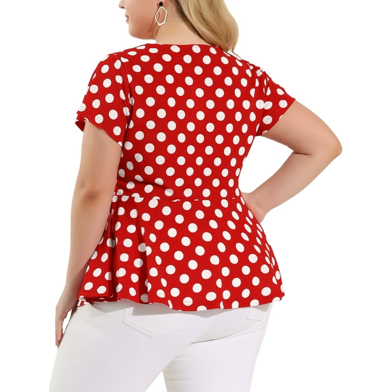 Unique Bargains Women's Plus Size Short Sleeves Polka Dots Peplum Top 