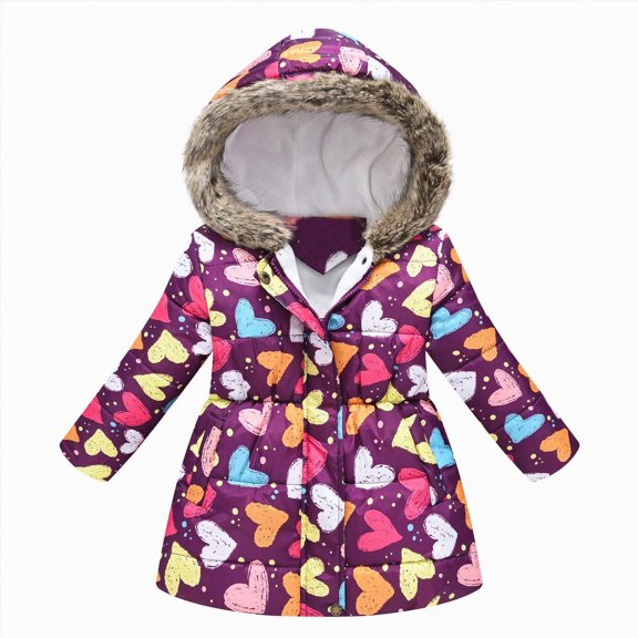 Linfrsh Girls' Cotton Jackets Winter Mid-Length Plush and Thickened Stylish Girls' Puffer Jackets, Warm Winter Coat for Kids (Dark Purple,4-5 Years)