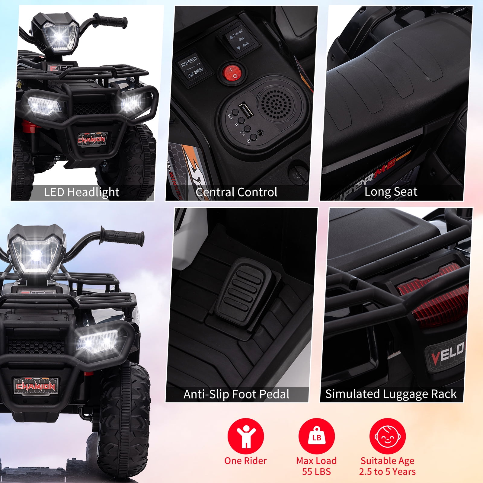 Roromall 12V Kids Ride on ATV, Battery-Operated Car with High/Low Variable Speed Ride on Electric Vehicle with LED Light, Music, USB,1.5-2.2mph Safety Speed for Child Toy