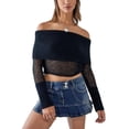 thumbnail image 1 of Fortune Women Off Shoulder Sweater Mesh Knit Cropped Pullover Solid Color Long Sleeve Slim Fit Crop Top, 1 of 6