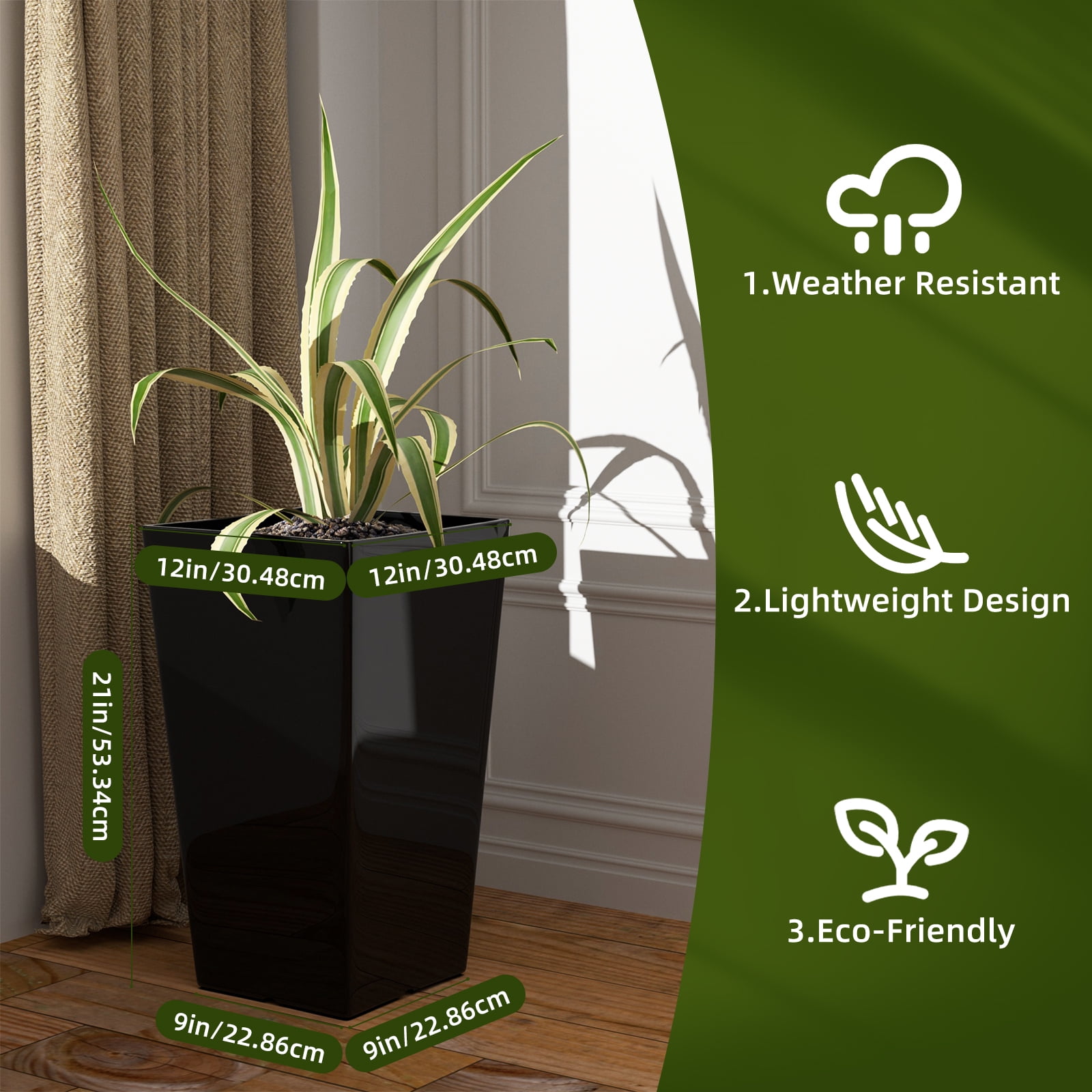QCQHDU Large Planters for Outdoor Plants Flower Pots Set of 2,Tall Planters for Outdoor Plants,21 inch Outdoor Planters for Front Porch Planters（Black）
